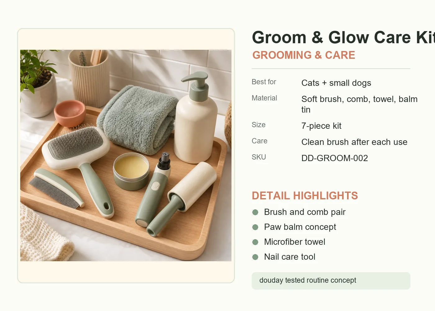 Groom & Glow Care Kit detail view and specifications