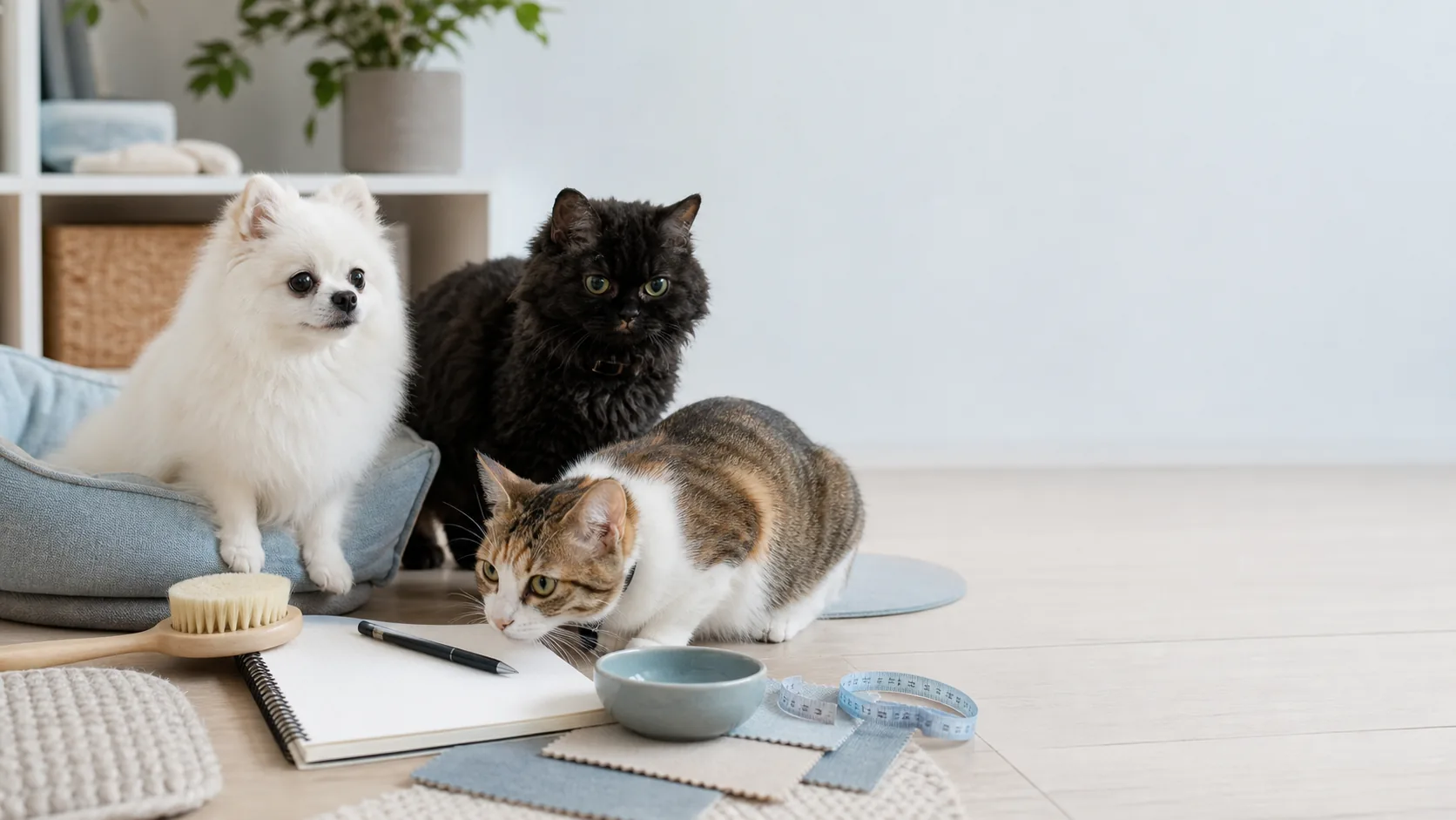 The three douday pets beside a practical home product testing desk