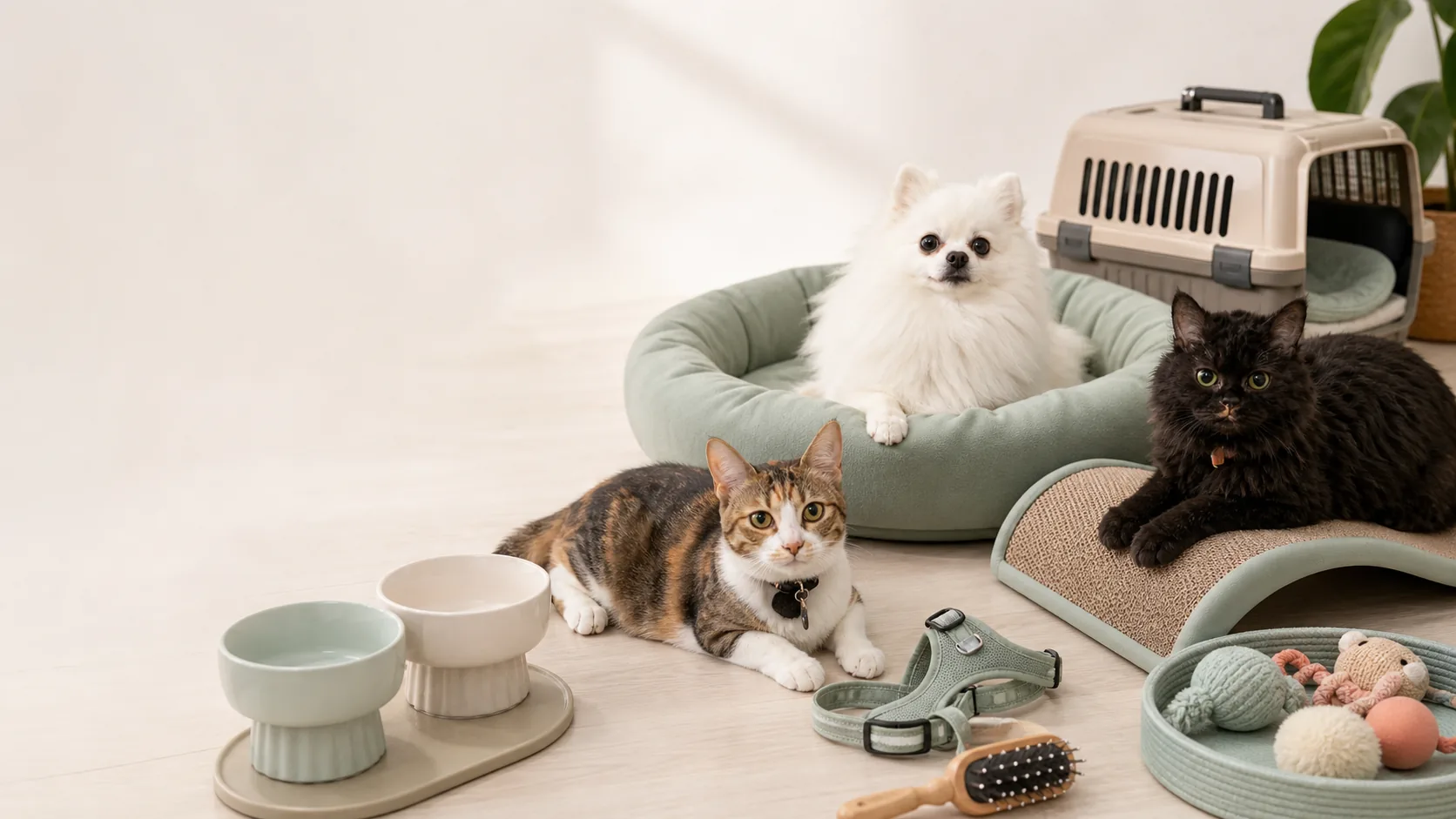 Original pet care products arranged with Jiaotang, Pearl and Pudding