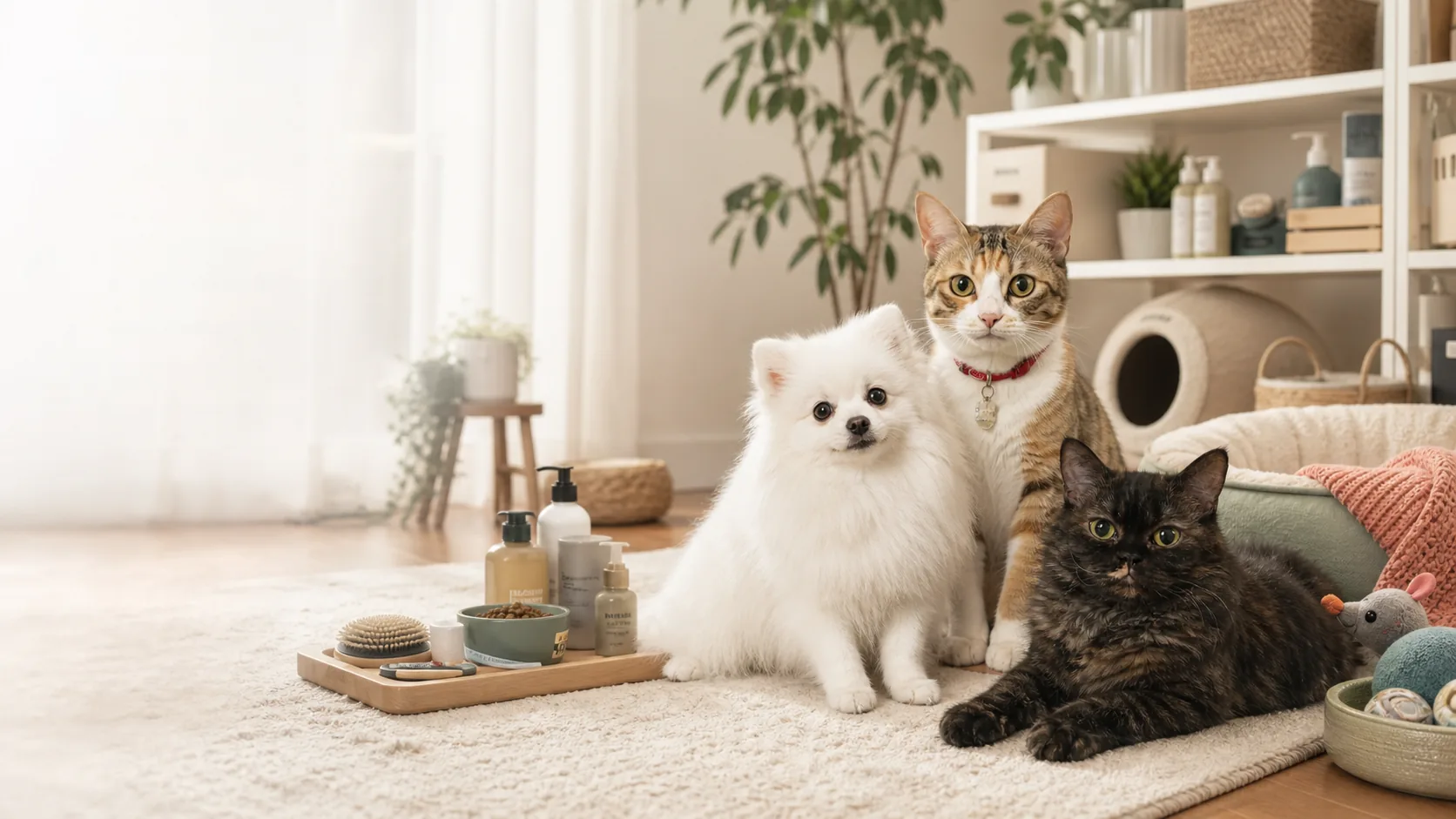 Jiaotang, Pearl and Pudding relaxing in a bright pet-friendly home